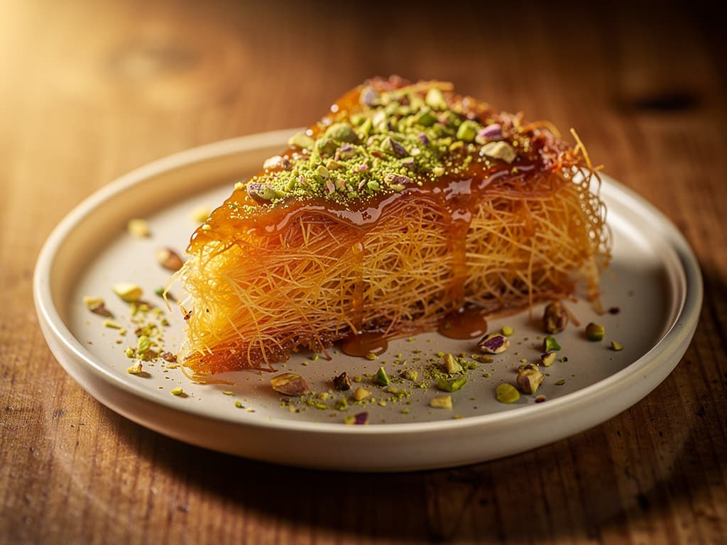 قطعة كنافة ذهبية في طبق